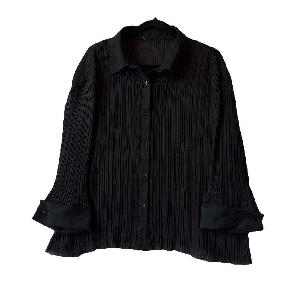 Women's Black Plisse' Pleated Button Down Cuffed Sleeve Shirt 2X Luxe Minimalism